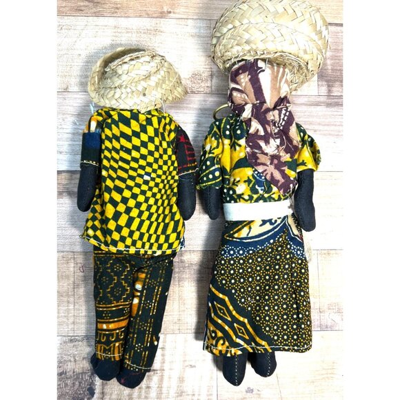 Handmade Jamaican Black Cloth Dolls In Traditional Attire With Hats - Set Of 2 - Picture 4 of 4